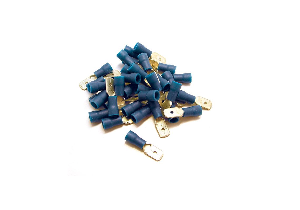 100 COSSES BLEUES PLATES MÂLE PRÉISOLÉES À MANCHON PVC - SECTION CÂBLE : 1,04-2,63 mm²